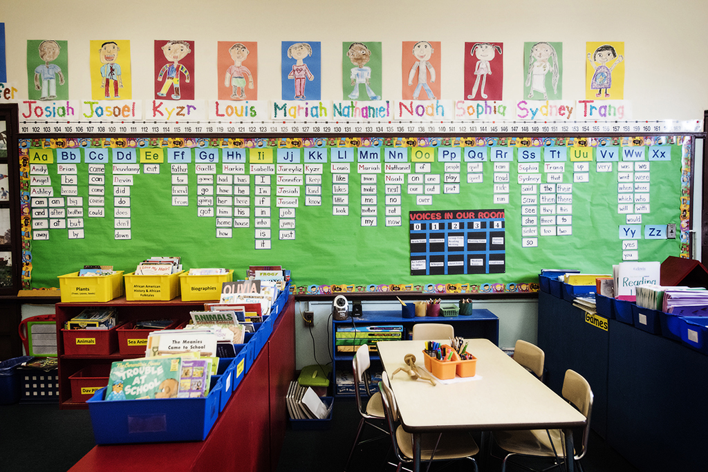 A colorful classroom with a board full of vocabulary words.