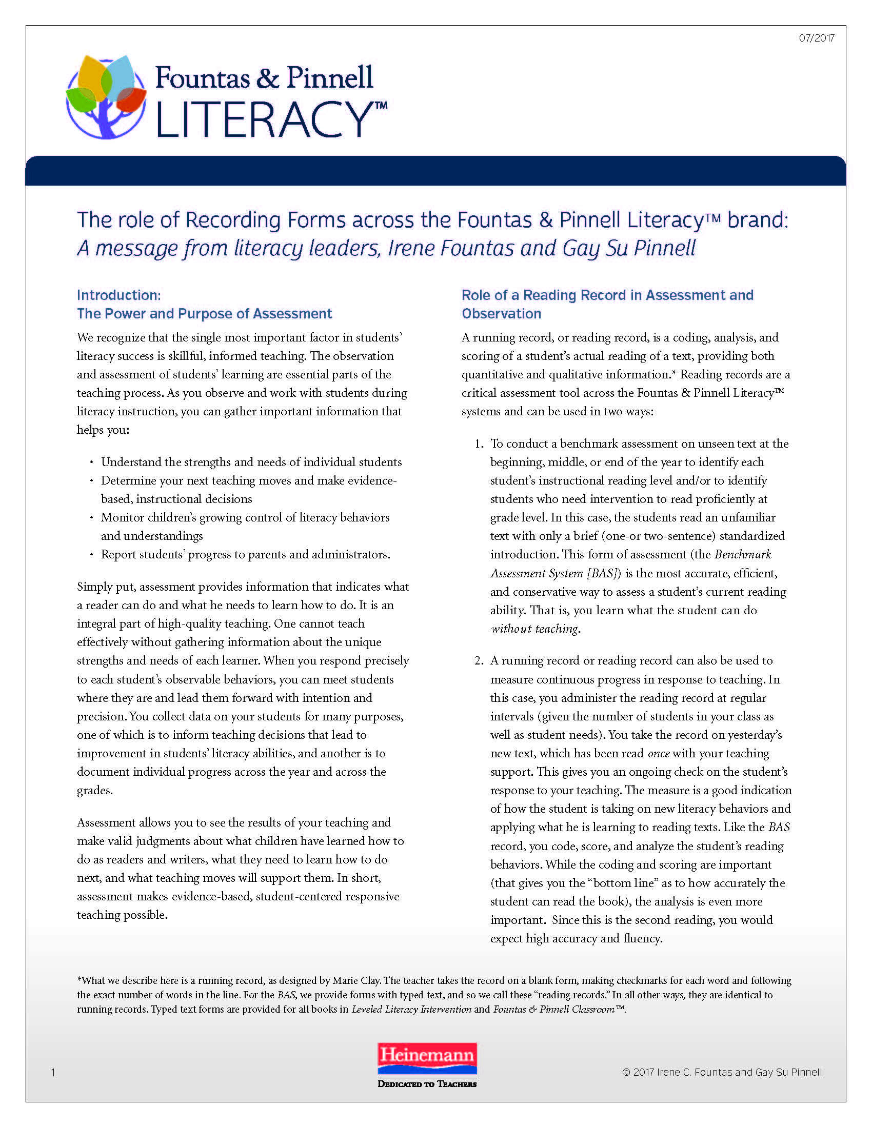 The role of Recording Forms across the Fountas & Pinnell Literacy™ brand: A message from literacy leaders, Irene Fountas and Gay Su Pinnell